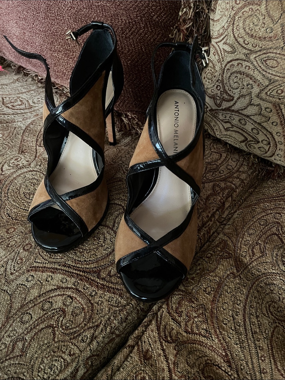 ANTONIO MELANI Tan Suede and Black Patent Crisscross Peep-Toe Heels